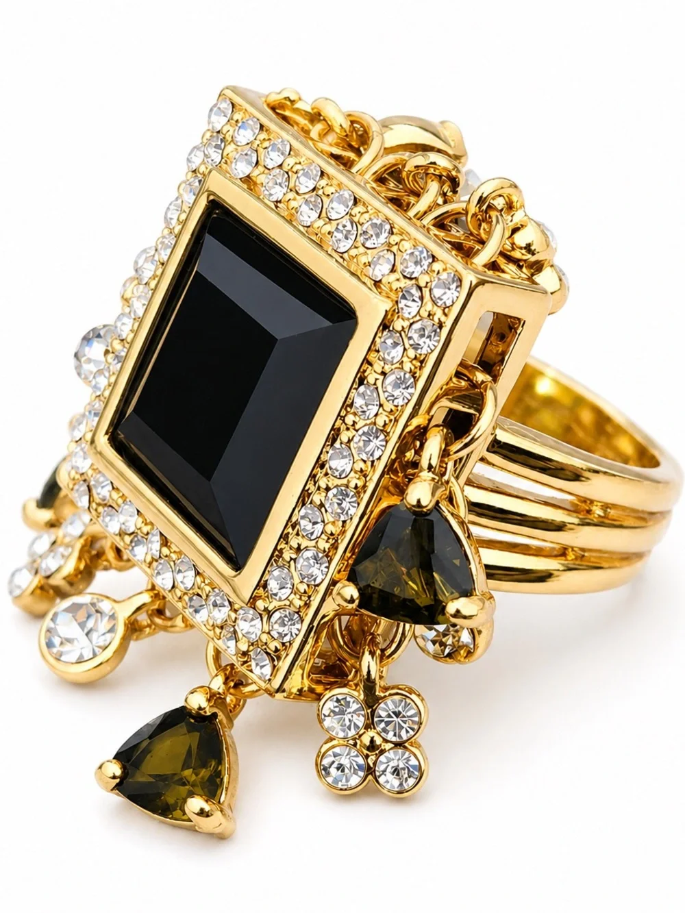 Gold Tone Black Crystal Statement Ring Rhinestone Charm Cocktail Ring NWT